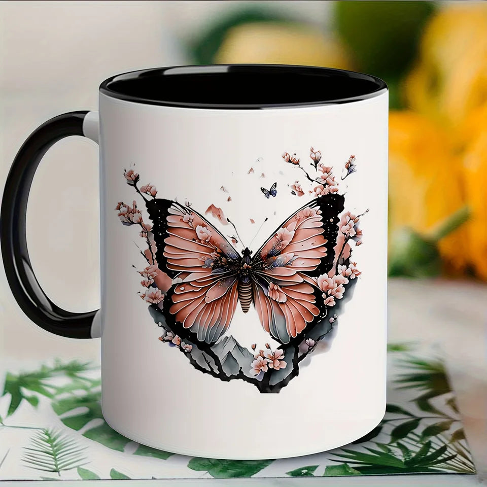 Butterfly Floral Ceramic Mug - Elegant White Coffee Cup with Pink Butterfly & Cherry Blossom Design, Microwave Safe, Reusable