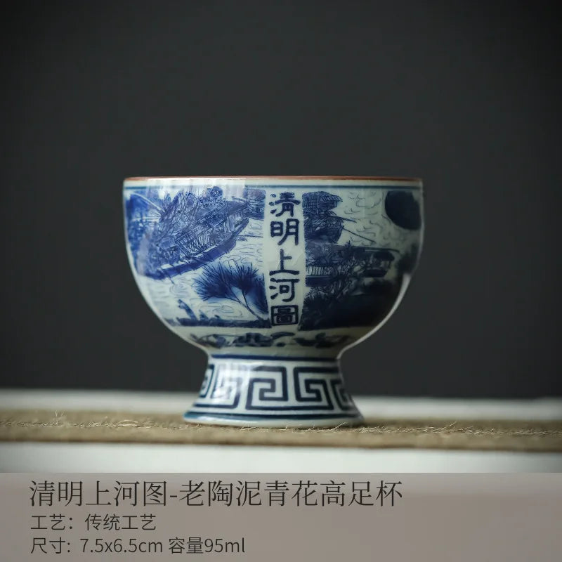 Antique Style Blue White Ceramic Tea Cup Landscape Master Bowl with Crackle Glaze for Gongfu Tea Home Decor