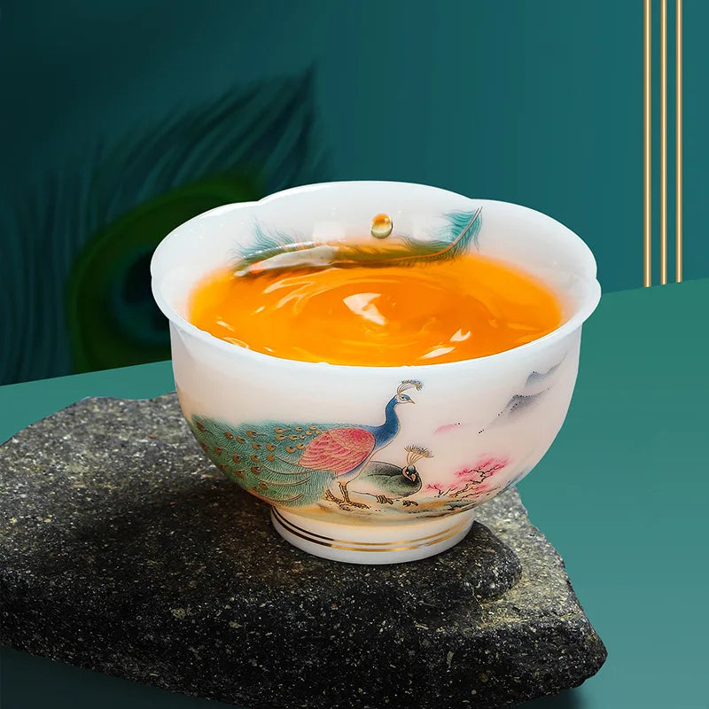 Large Capacity Tea Cup Ceramic Peacock Plum Blossom Design Chinese Gongfu Tea Set Gift for Men Home Office Use