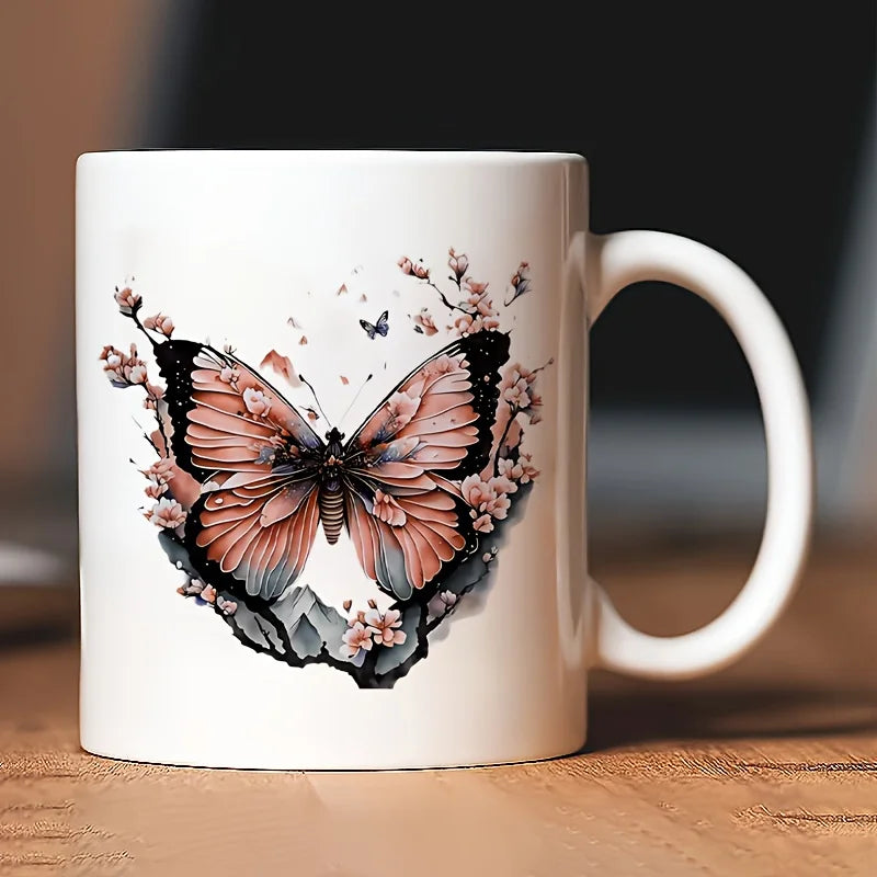 Butterfly Floral Ceramic Mug - Elegant White Coffee Cup with Pink Butterfly & Cherry Blossom Design, Microwave Safe, Reusable