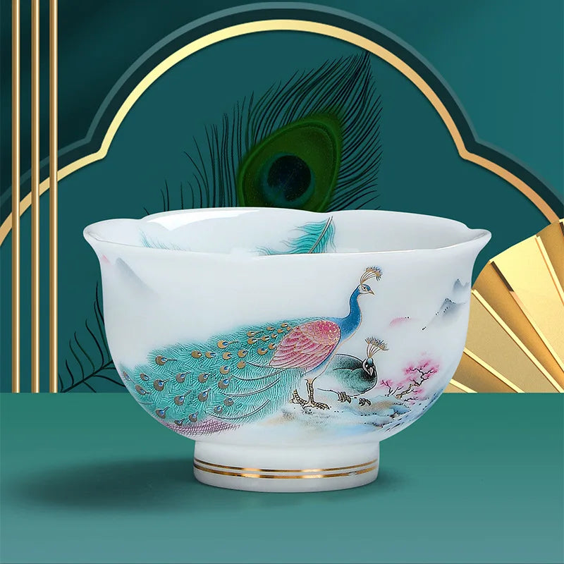 Large Capacity Tea Cup Ceramic Peacock Plum Blossom Design Chinese Gongfu Tea Set Gift for Men Home Office Use