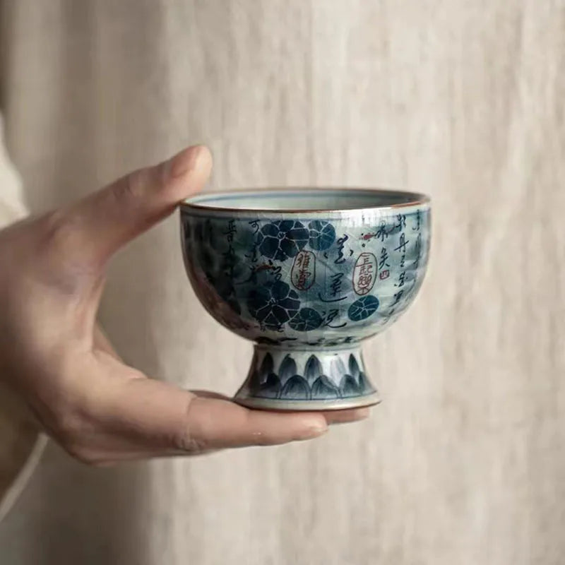 Antique Style Blue White Ceramic Tea Cup Landscape Master Bowl with Crackle Glaze for Gongfu Tea Home Decor