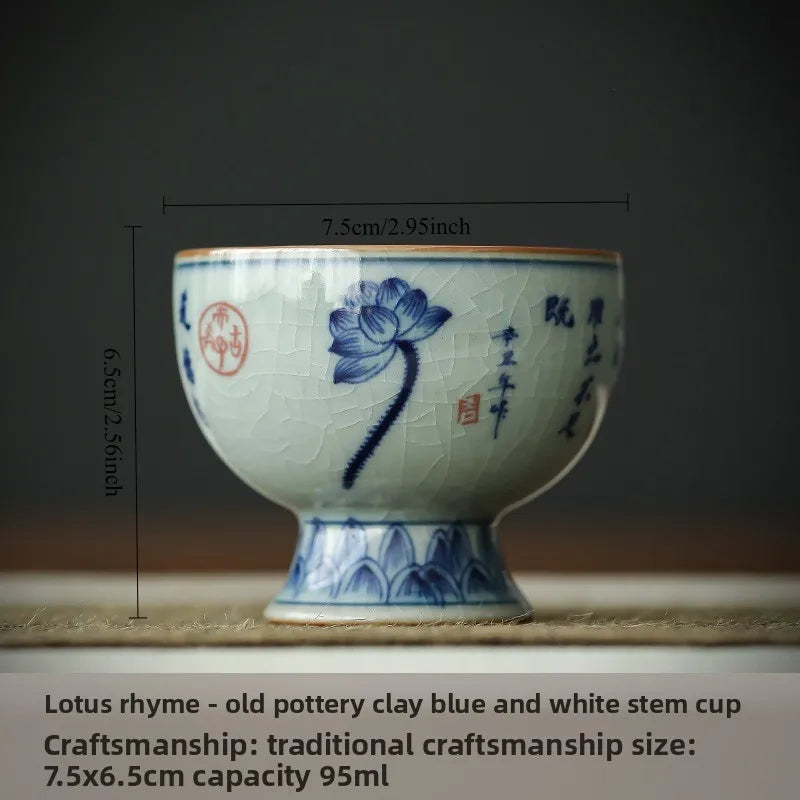 Antique Style Blue White Ceramic Tea Cup Landscape Master Bowl with Crackle Glaze for Gongfu Tea Home Decor