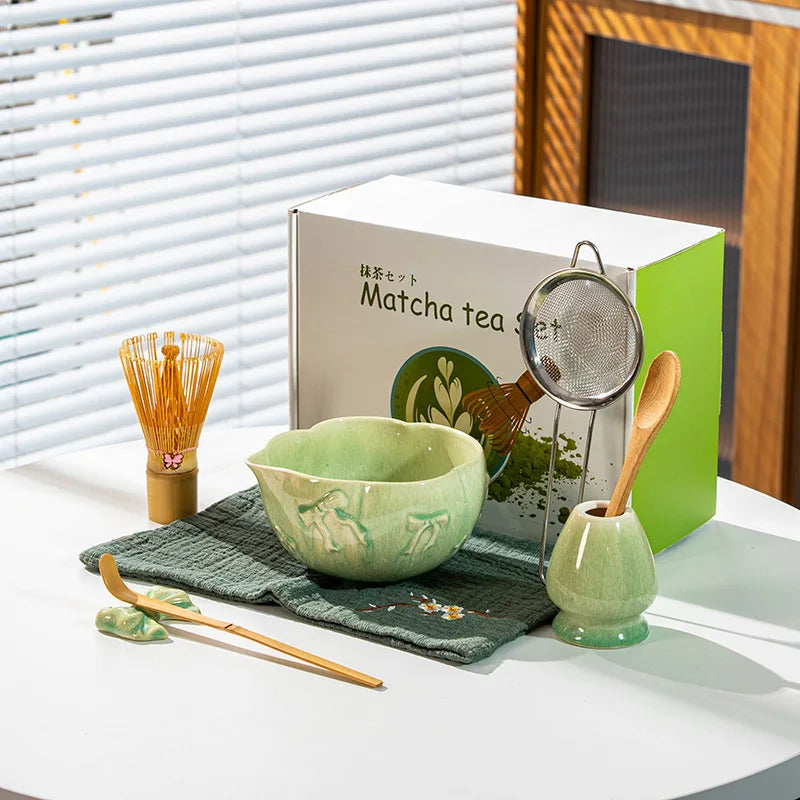 Matcha Kit Porcelain Bowl with Spout, Japanese Matcha Set  Bow-Tie Chasen Gift Box Perfect Kit for Matcha Lovers Tea Ceremony