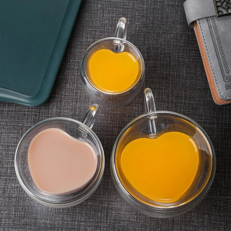 1 PCS Heart Love Shaped Glass Mug Couple Cups Double Wall Glass cup Heat-Resisting Tea Beer Mugs Milk coffee Cup Gift Drinkware