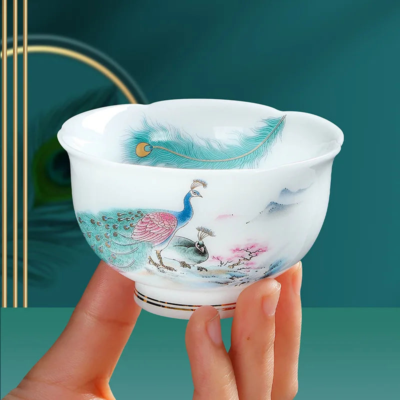 Large Capacity Tea Cup Ceramic Peacock Plum Blossom Design Chinese Gongfu Tea Set Gift for Men Home Office Use