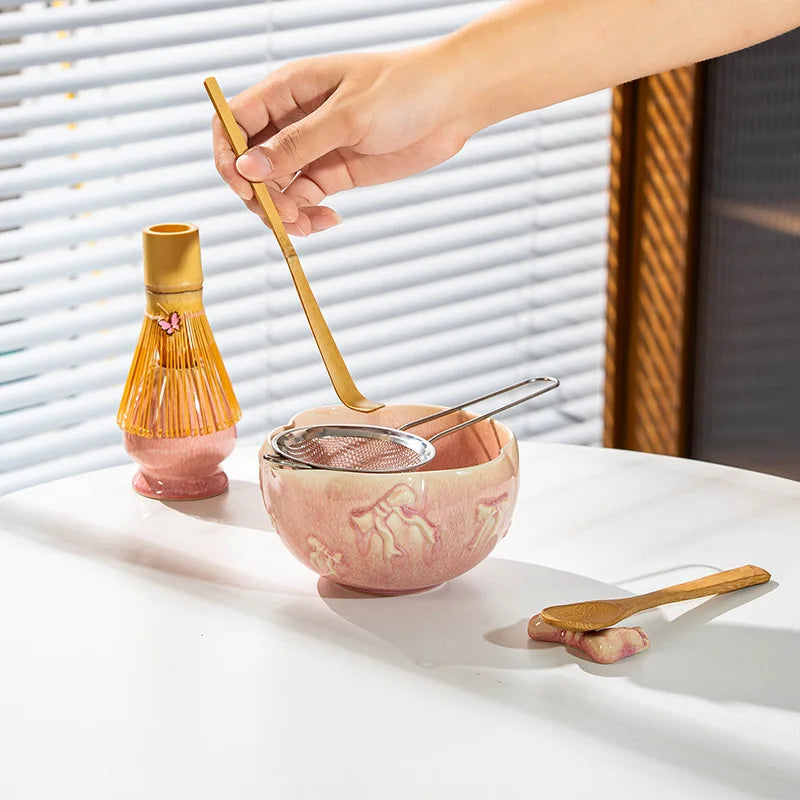 Matcha Kit Porcelain Bowl with Spout, Japanese Matcha Set  Bow-Tie Chasen Gift Box Perfect Kit for Matcha Lovers Tea Ceremony