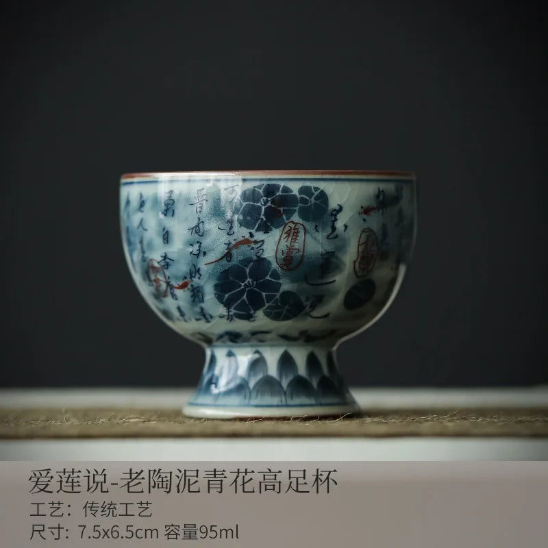 Antique Style Blue White Ceramic Tea Cup Landscape Master Bowl with Crackle Glaze for Gongfu Tea Home Decor