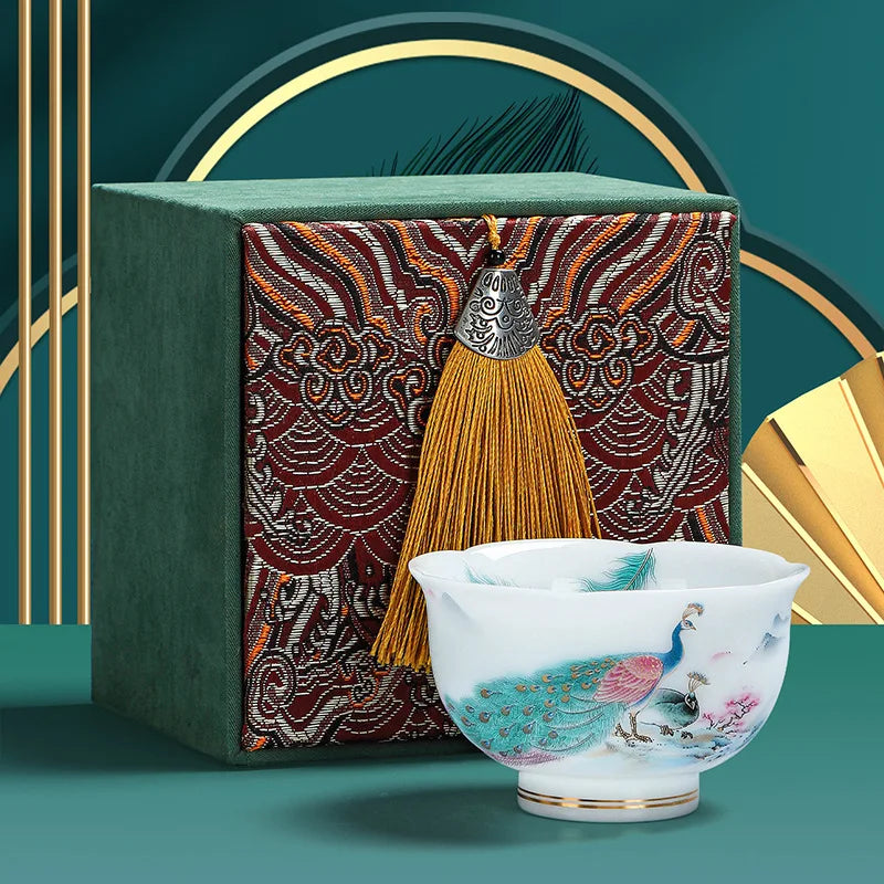 Large Capacity Tea Cup Ceramic Peacock Plum Blossom Design Chinese Gongfu Tea Set Gift for Men Home Office Use