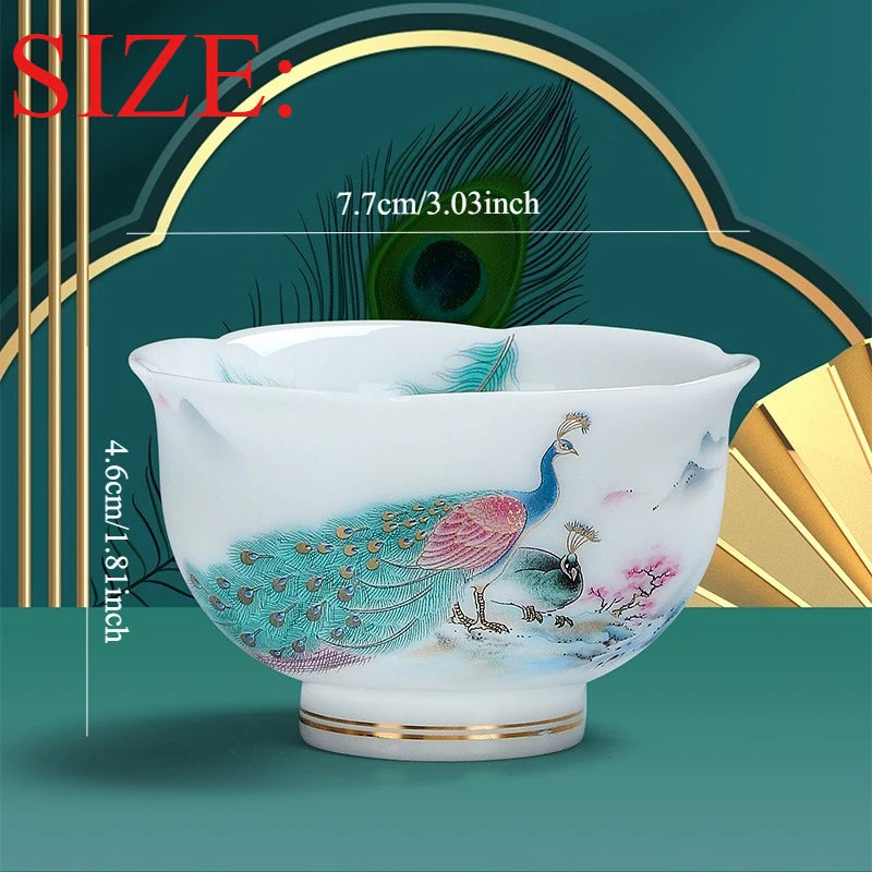 Large Capacity Tea Cup Ceramic Peacock Plum Blossom Design Chinese Gongfu Tea Set Gift for Men Home Office Use