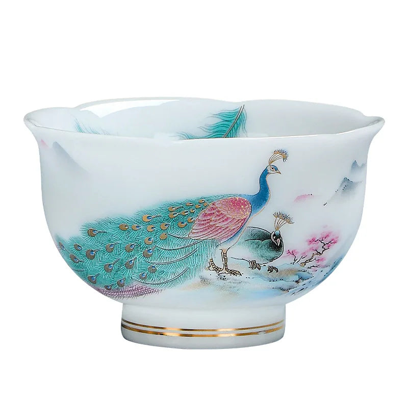 Large Capacity Tea Cup Ceramic Peacock Plum Blossom Design Chinese Gongfu Tea Set Gift for Men Home Office Use