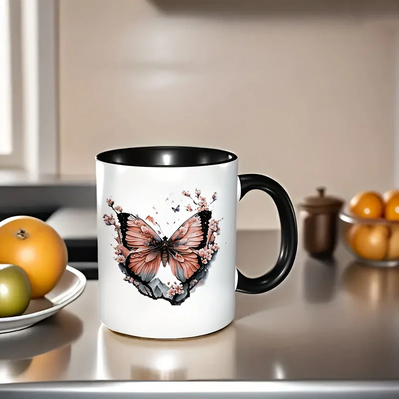 Butterfly Floral Ceramic Mug - Elegant White Coffee Cup with Pink Butterfly & Cherry Blossom Design, Microwave Safe, Reusable