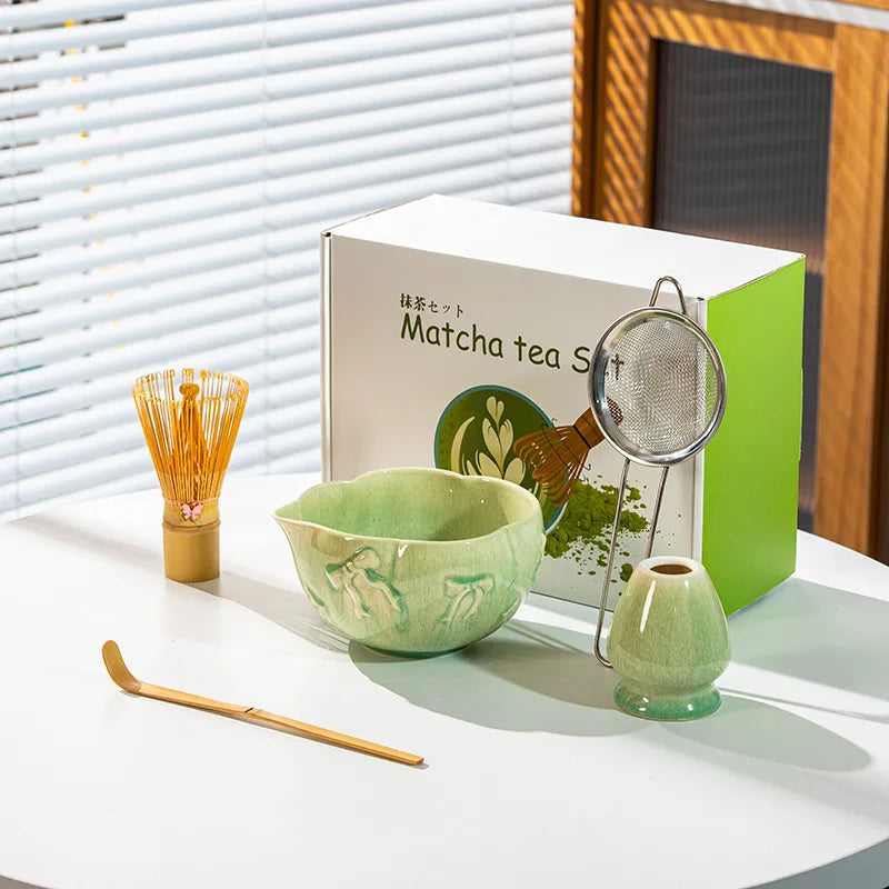 Matcha Kit Porcelain Bowl with Spout, Japanese Matcha Set  Bow-Tie Chasen Gift Box Perfect Kit for Matcha Lovers Tea Ceremony