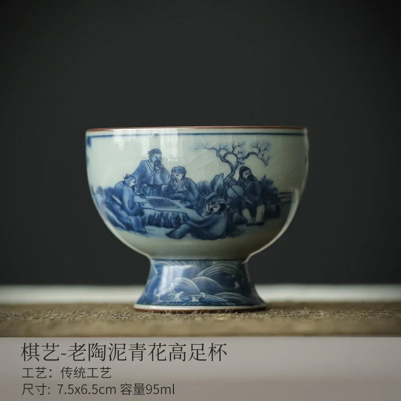 Antique Style Blue White Ceramic Tea Cup Landscape Master Bowl with Crackle Glaze for Gongfu Tea Home Decor